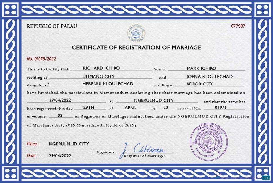 Download Palau marriage certificate PSD template Photoshop template